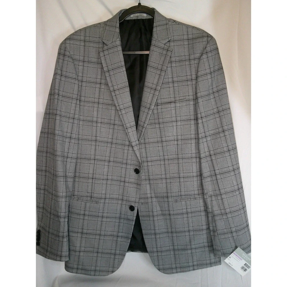 Alfani Slim Fit Blazer 42L Black‎ Gray White Plaid Pattern Jacket $360 NWT